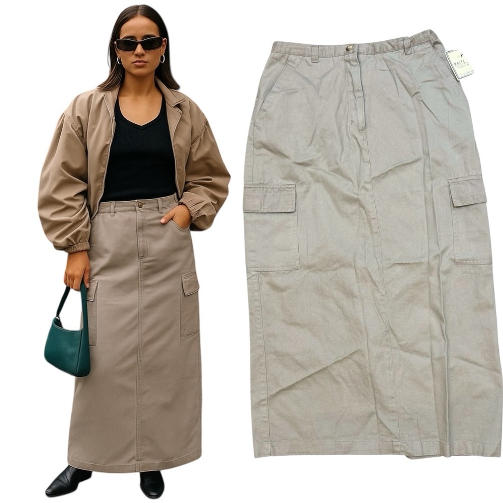 VTG Y2K White Stag NWT Cargo Maxi Skirt Utility Khaki‎ Back Slit Grunge Sz 8